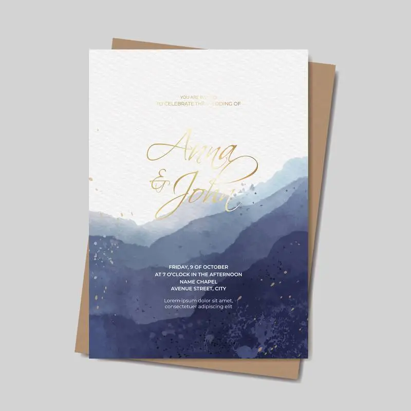 Watercolor Wedding Invitation Template with Gold Text
