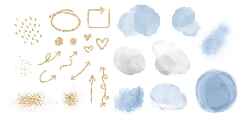 Collection of Golden Glitter Arrows and Watercolor Stains