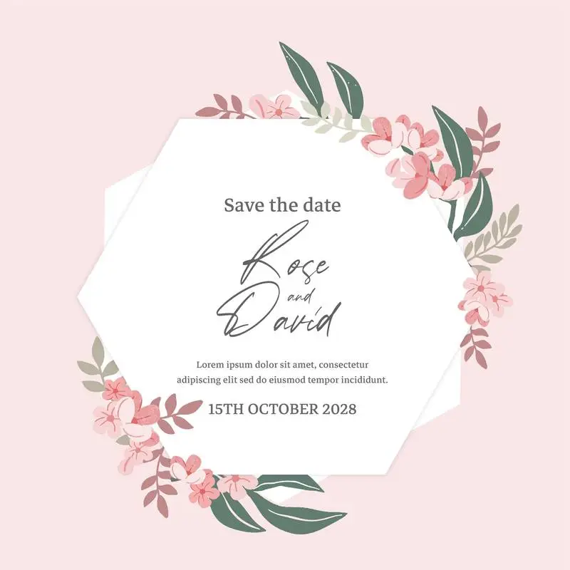Hand-Drawn Floral Wedding Invitation with Hexagon