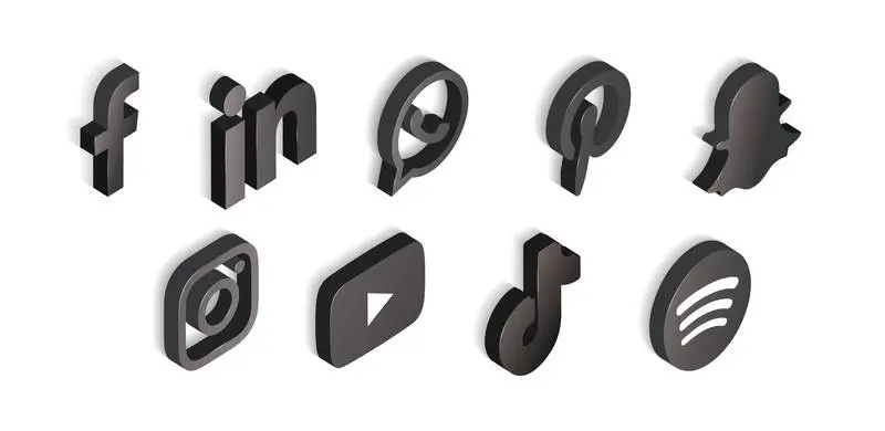 Social Media Set of Black and White Isometric Icons