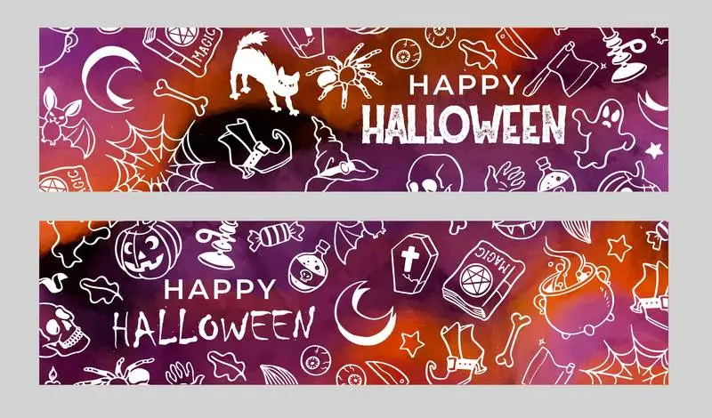 Set of Halloween Doodles Banners in Watercolor