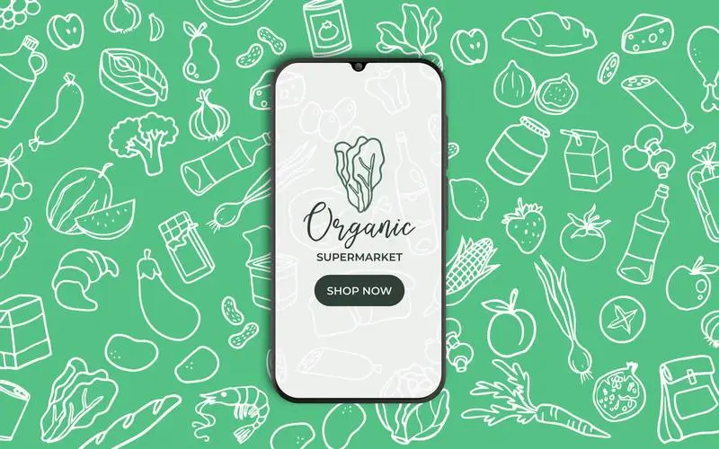 Background with Food and Smartphone for Supermarket