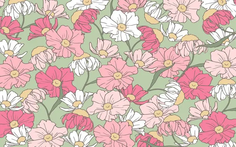 Hand-Drawn Outline Pink Flowers Background
