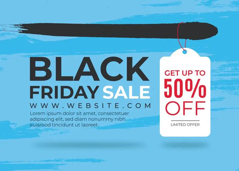 Black Friday Banner with Label and Blue Brushstroke Background