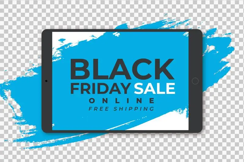 Sale Banner with Tablet Over Blue Brushstroke