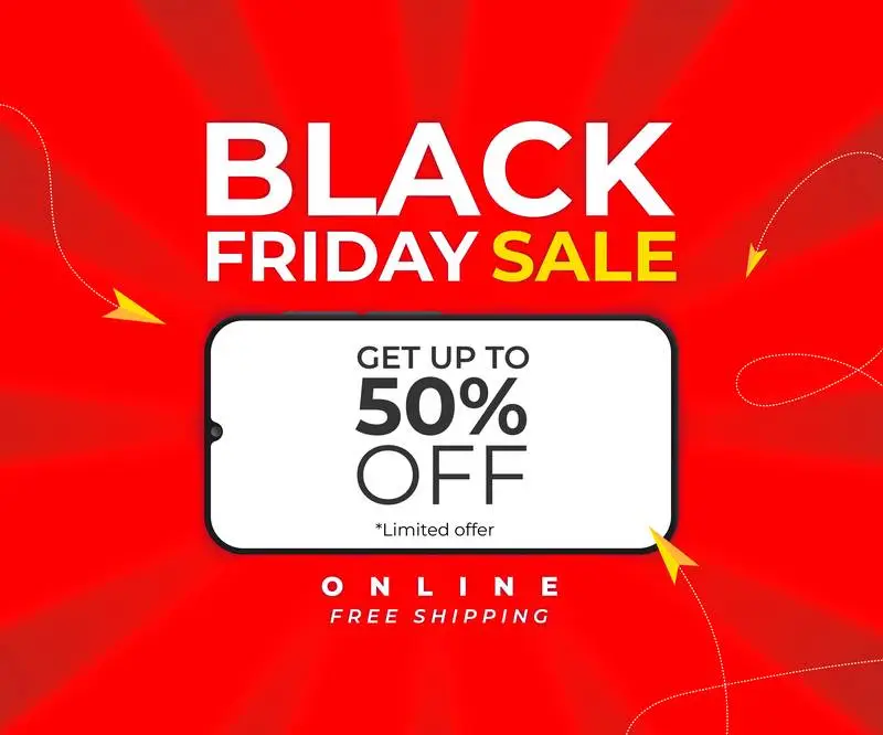 Banner for Black Friday with Sunburst and Smartphone