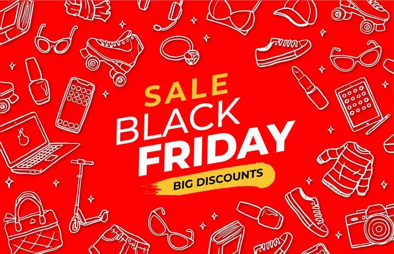 Black Friday Red Banner with Hand-Drawn Elements