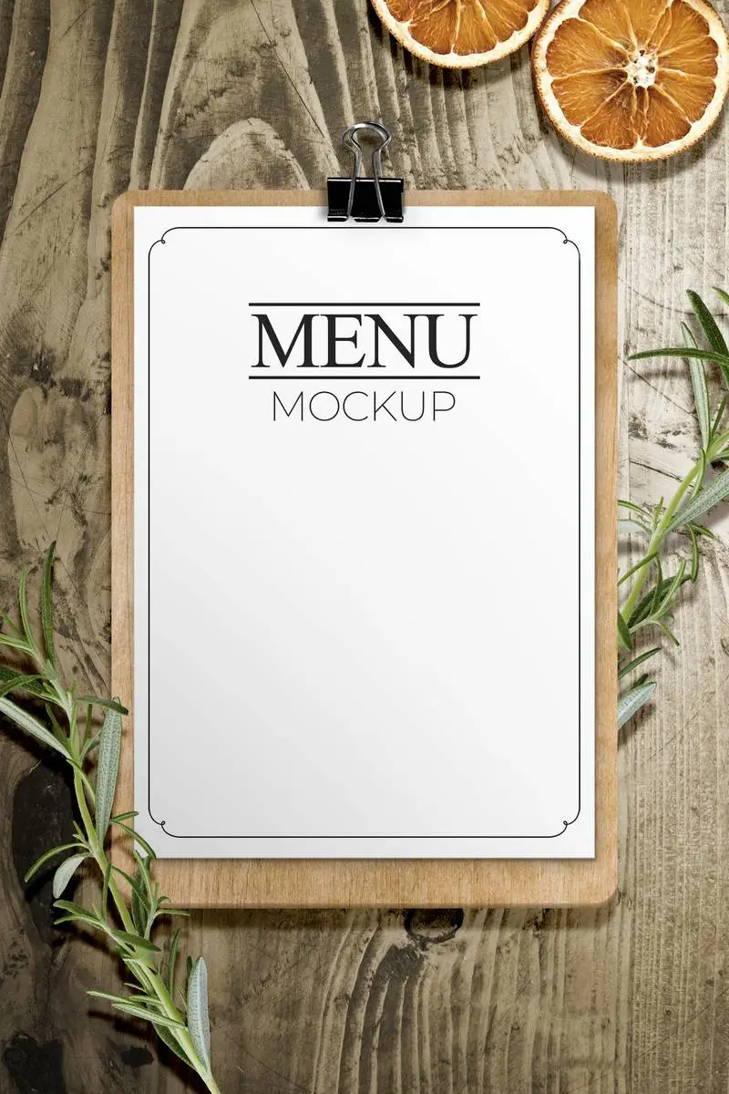 Menu Sheet on Wood Table Mockup