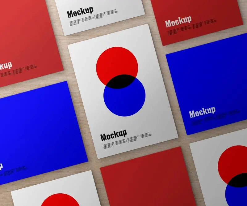 Set of Posters on Wooden Surface Mockup