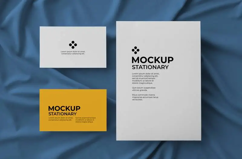 Stationery with Big Card and Two Business Cards on Fabric Background Mockup