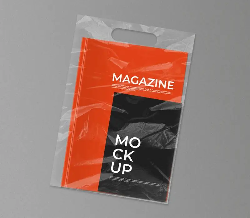 Plastic Bag with Magazine and Sheet Mockup