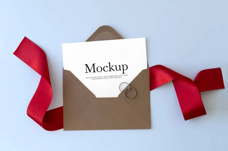 Envelope with Red Ribbon and Rings Mockup