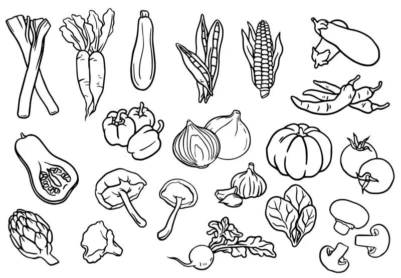 Collection of Vegetables in Black and White