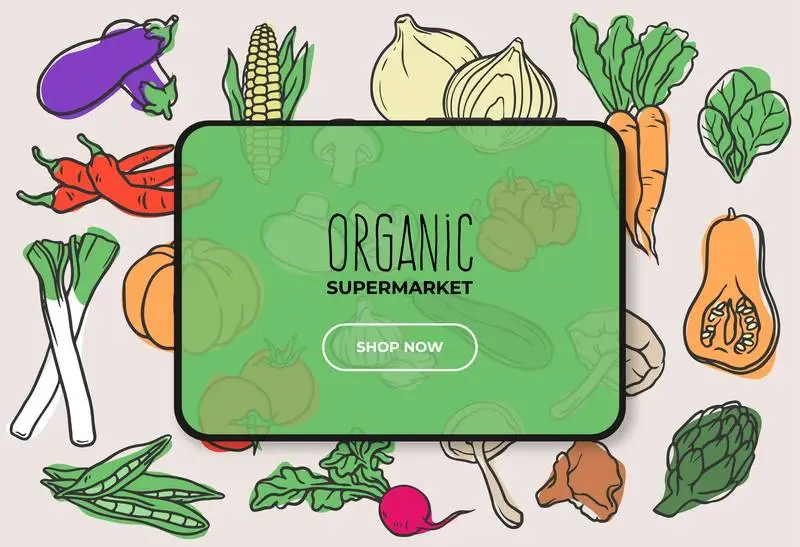 Organic Food Supermarket Banner with Tablet