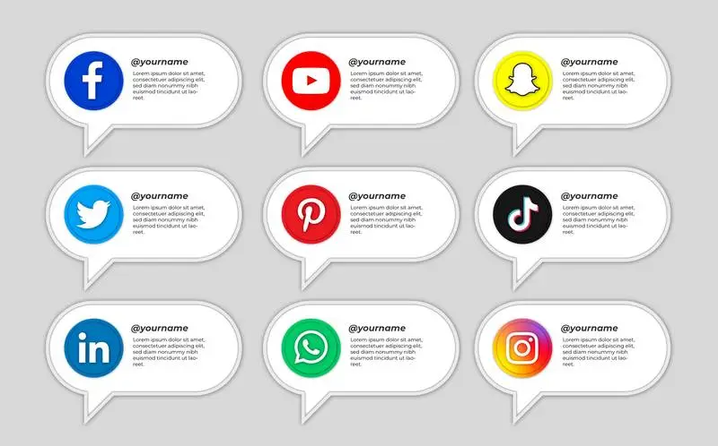 Pack of Social Media Icons with Bubbles Text