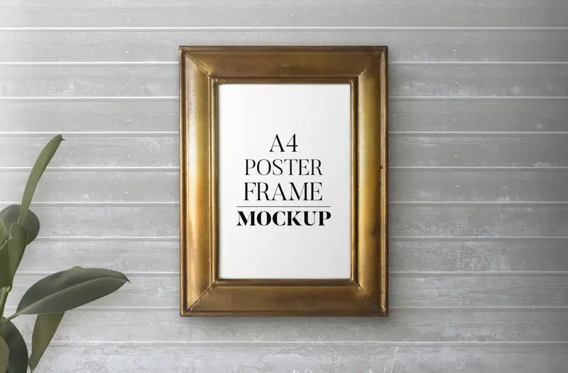 Vintage Golden Frame over Wooden Wall Mockup