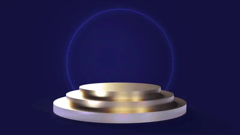 Three-Tiered Circular Golden Base on a Blue Background for Placing Objects