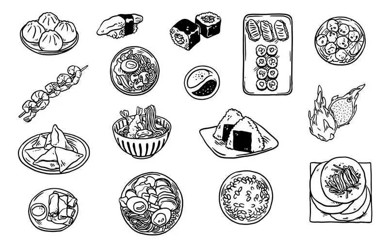 Collection of Asian Food Doodles