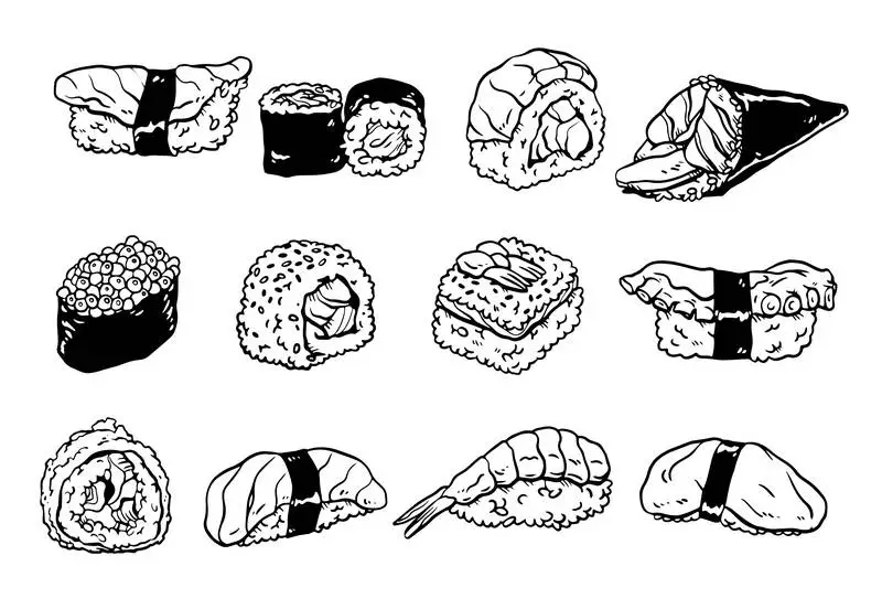 Collection of Hand-Drawn Sushi Doodles