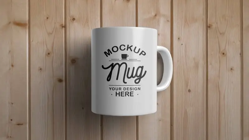 White Mug on Wooden Surface Mockup