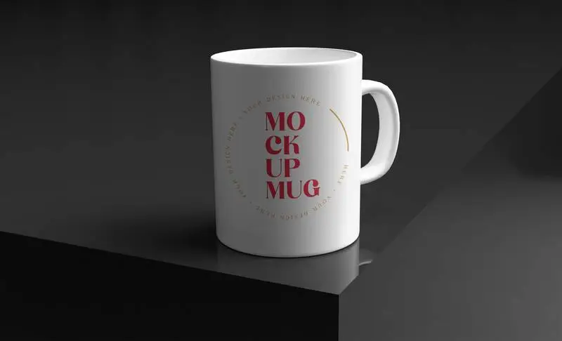 White Mug Over Elegant Black Surface Mockup