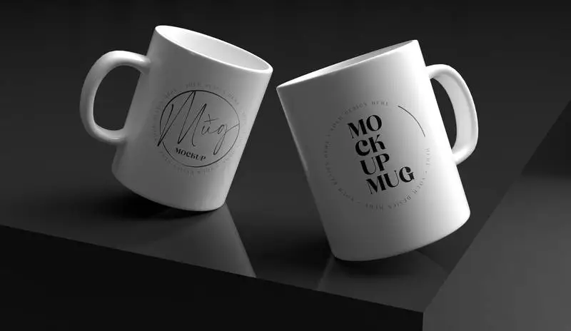 Two White Mugs on an Elegant Black Surface Mockup