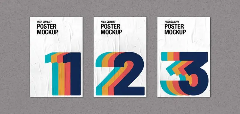 Collection of Crumpled Posters Over Concrete Wall Mockup