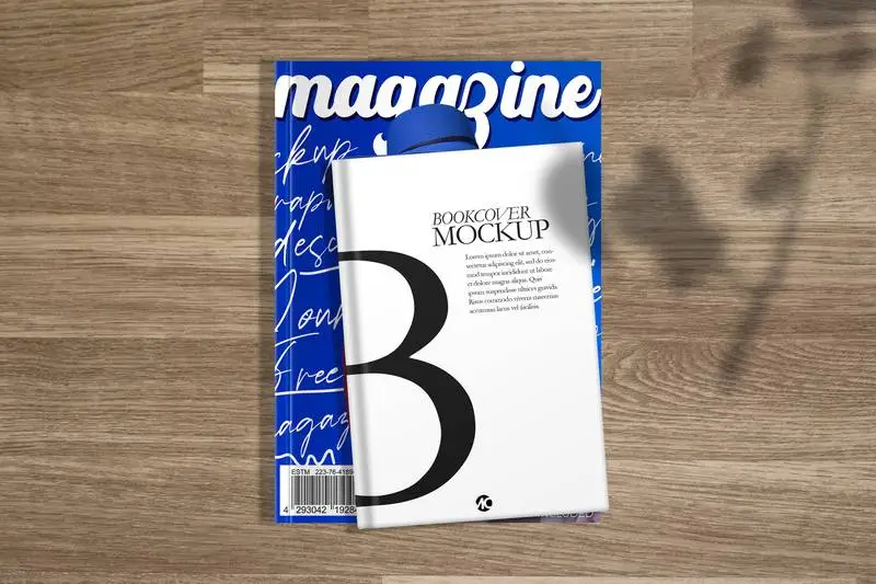 Book and Magazine Composition Mockup Over Wooden Surface