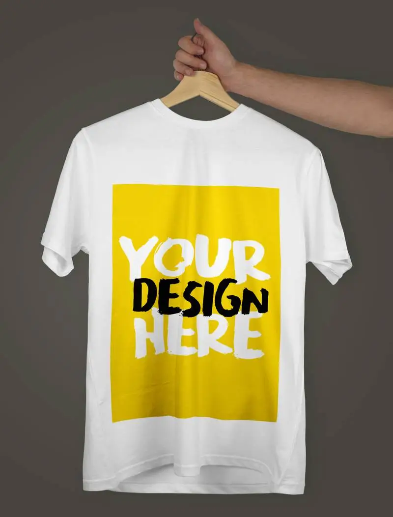 Mockup of a T-Shirt on a Hanger Held by a Hand on a Flat Background