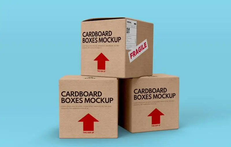 Mockup of Three Cardboard Boxes on Blue Background