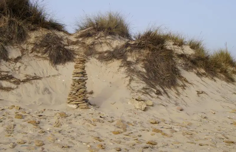 Photograph of a Golden Dune Landscape with a Pile of Stones
