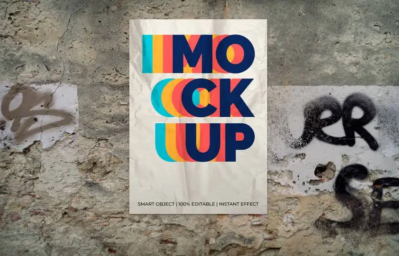 Mockup of Crumpled Poster on Old Grunge Wall