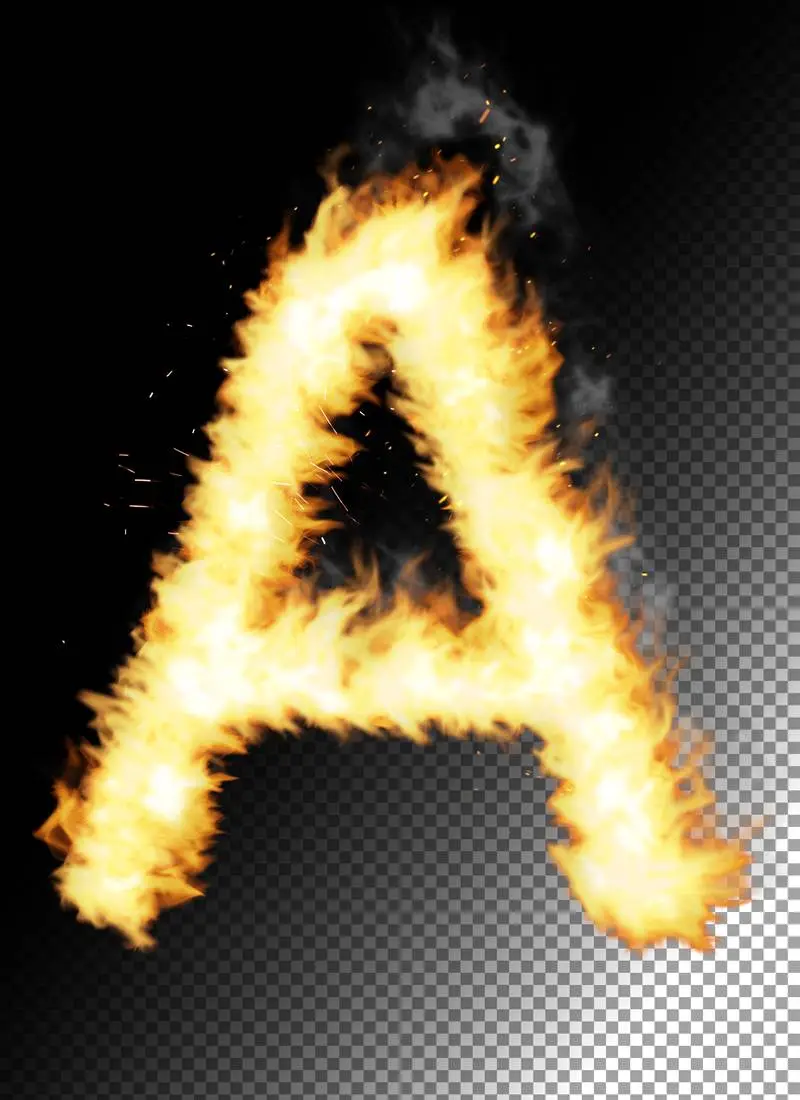 Realistic letter A made of fire on transparent background