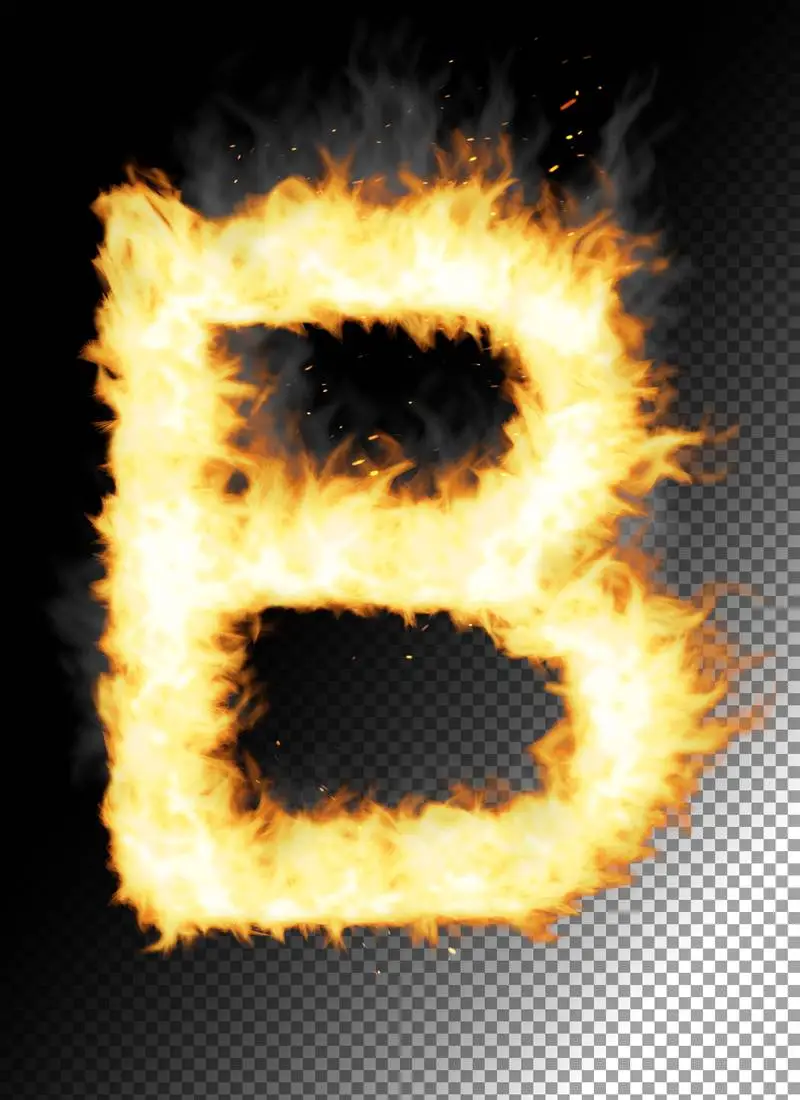 Realistic Letter B Made of Fire on Transparent Background