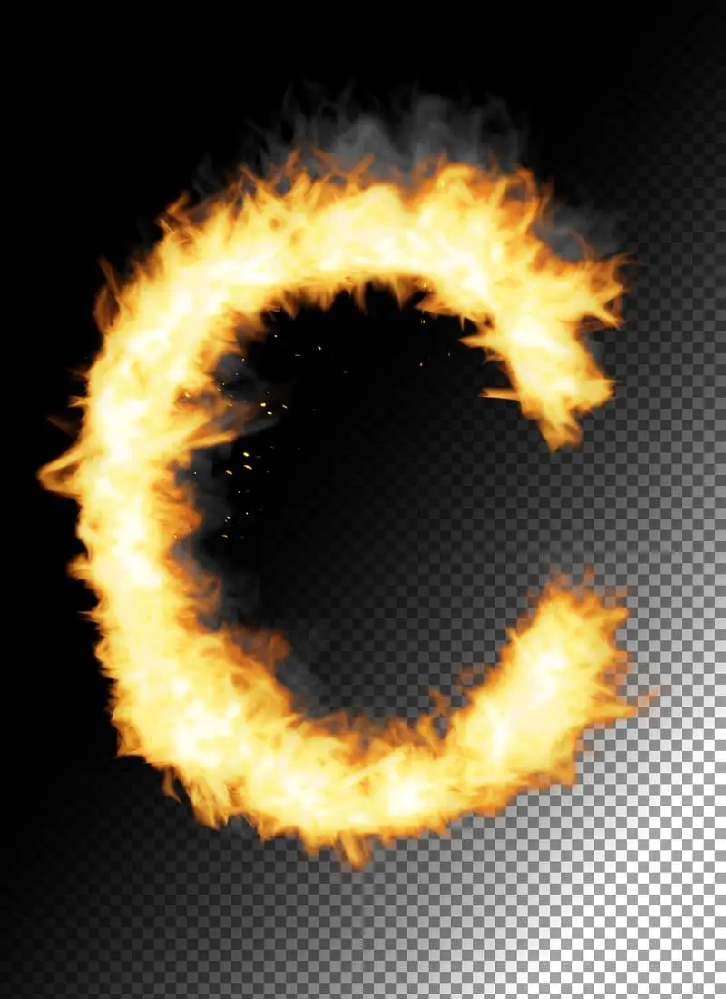 Realistic Letter C Made of Fire on Transparent Background