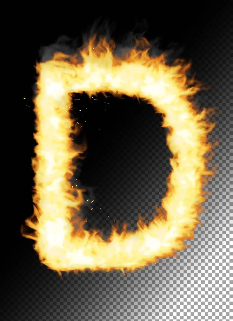 Realistic Letter D Made of Fire on Transparent Background