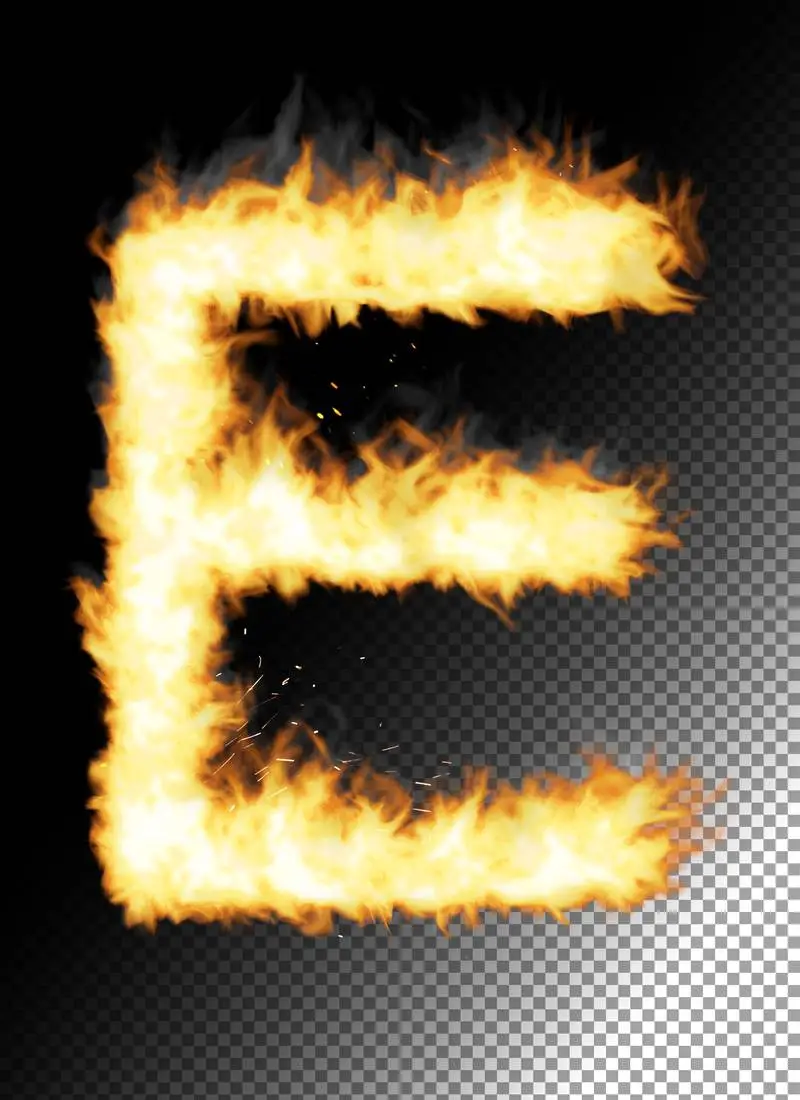 Realistic Letter E Made of Fire on Transparent Background