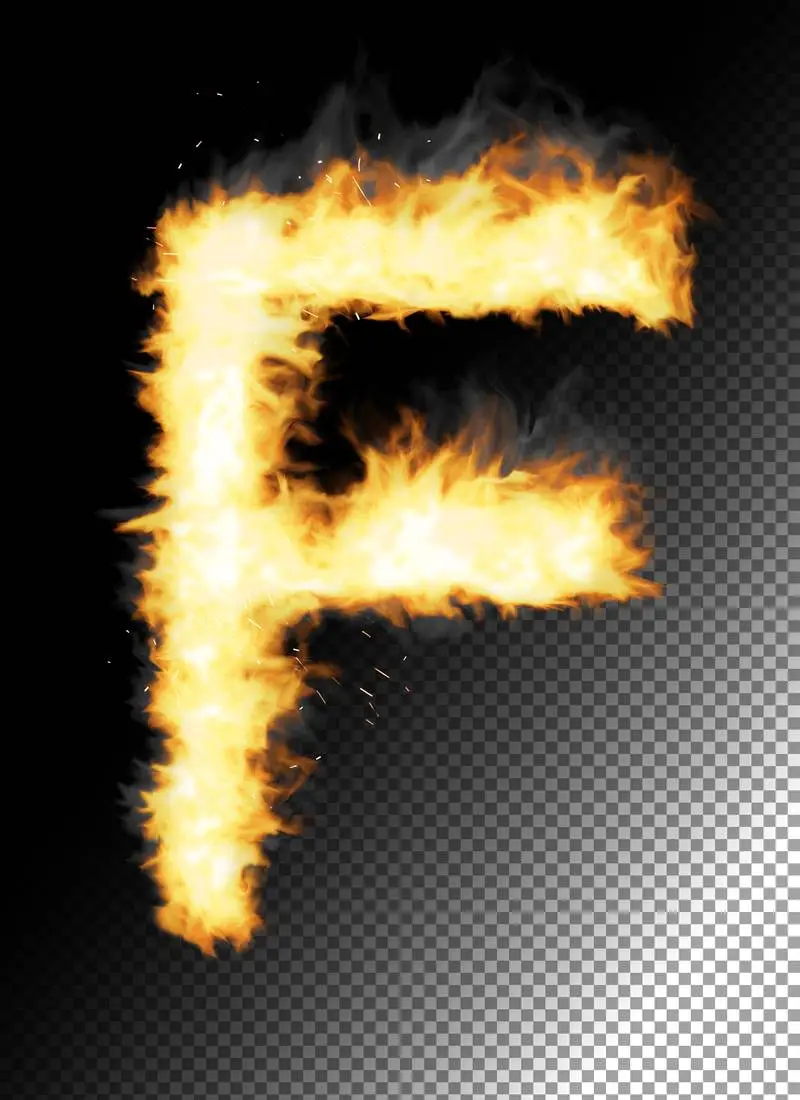 Realistic Letter F Made of Fire on Transparent Background