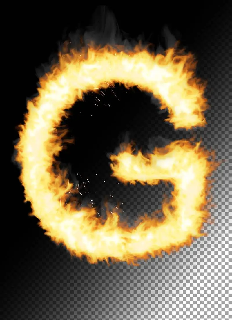Realistic Letter G Made of Fire on Transparent Background