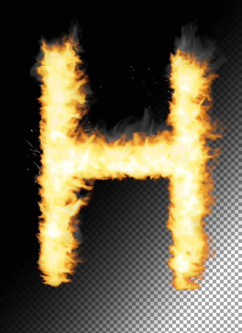 Realistic Letter H Made of Fire on Transparent Background