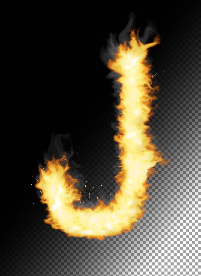 Realistic Letter J Made of Fire on Transparent Background