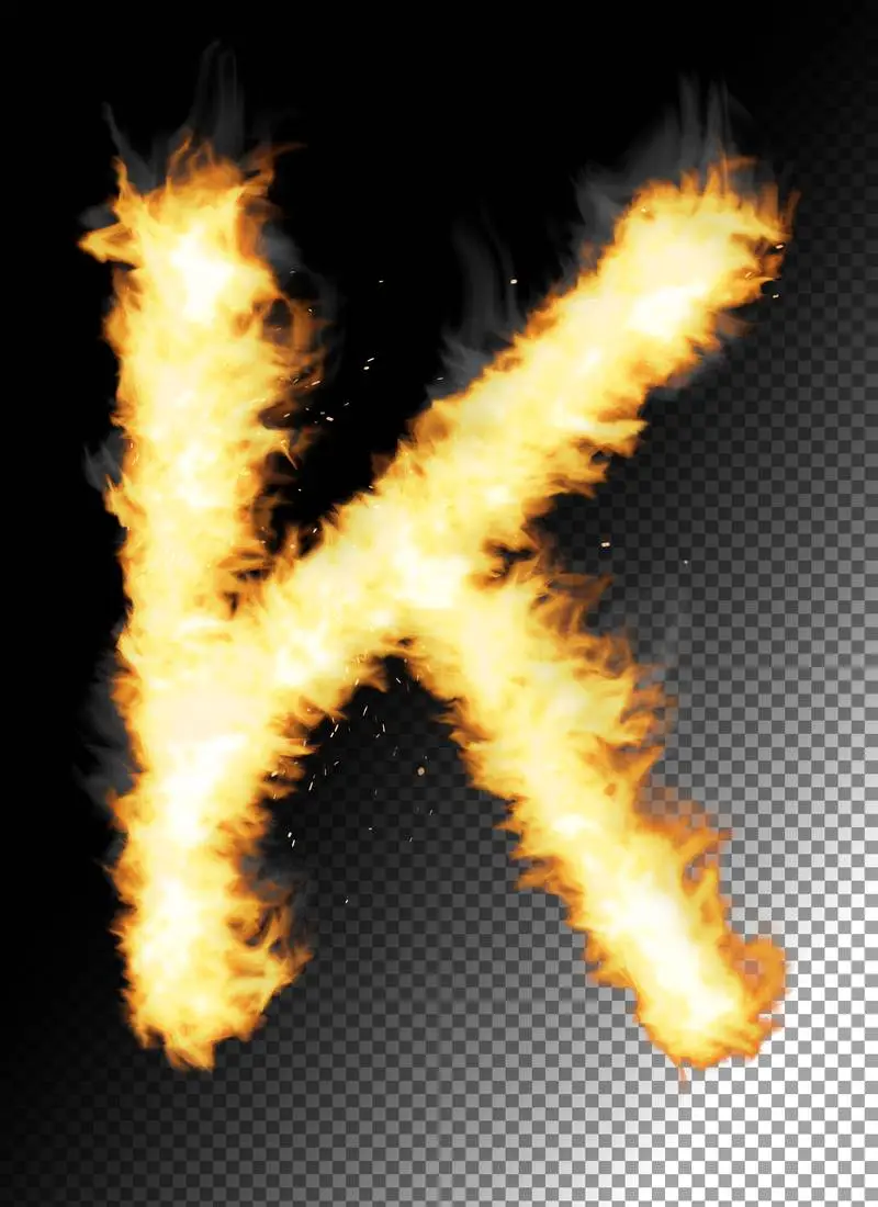 Realistic Letter K Made of Fire on Transparent Background