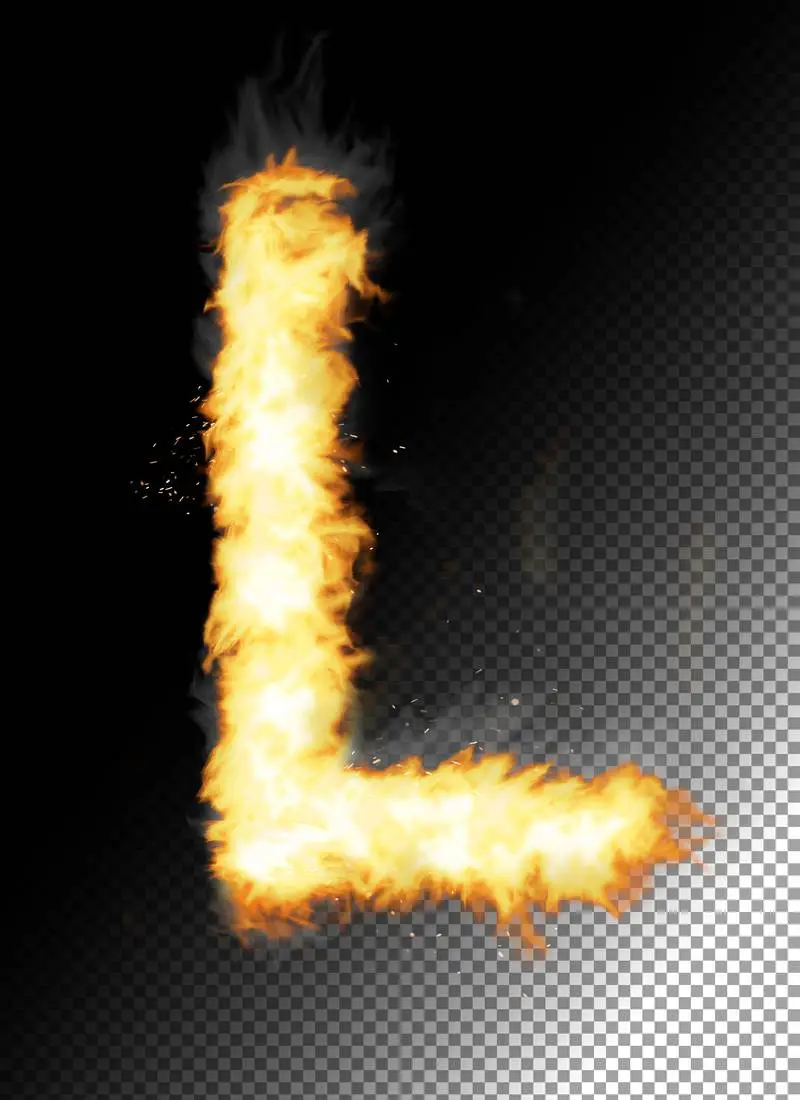 Realistic Letter L Made of Fire on Transparent Background