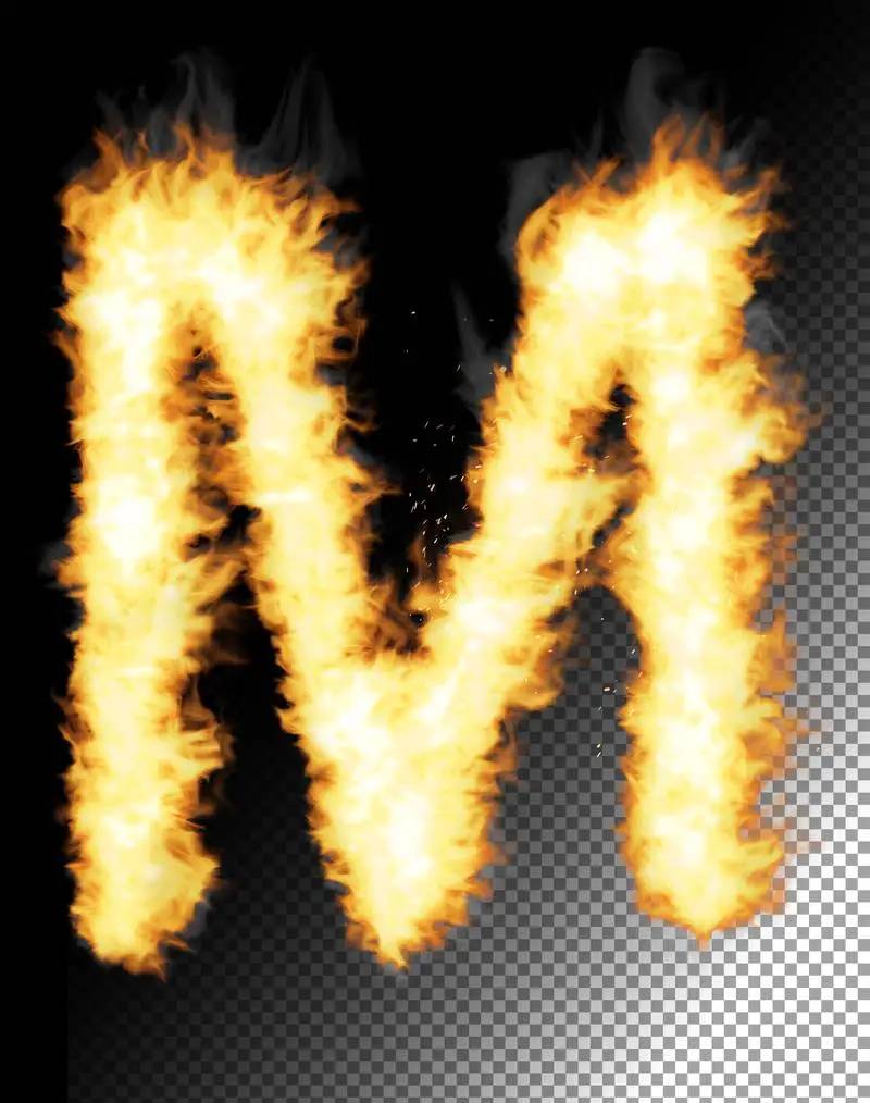 Realistic Letter M Made of Fire on Transparent Background