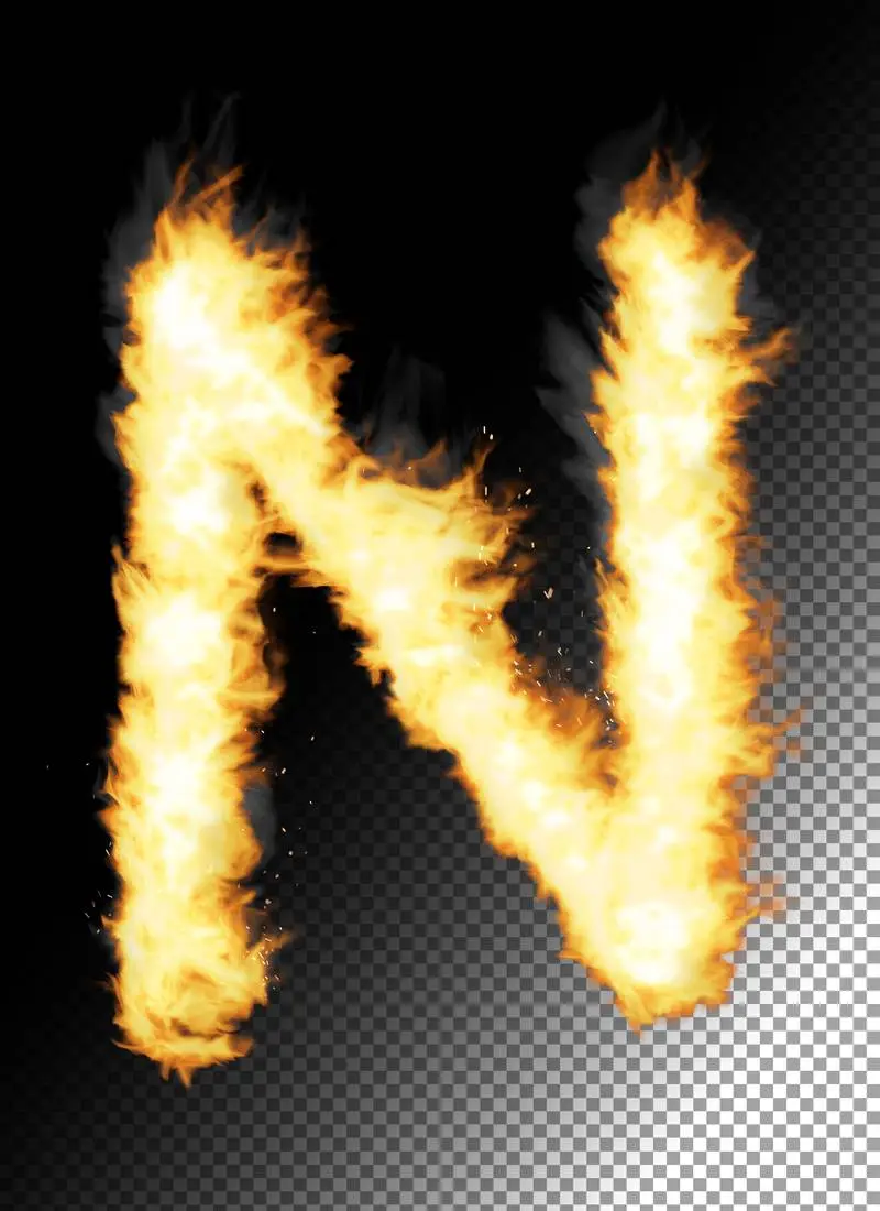 Realistic Letter N Made of Fire on Transparent Background