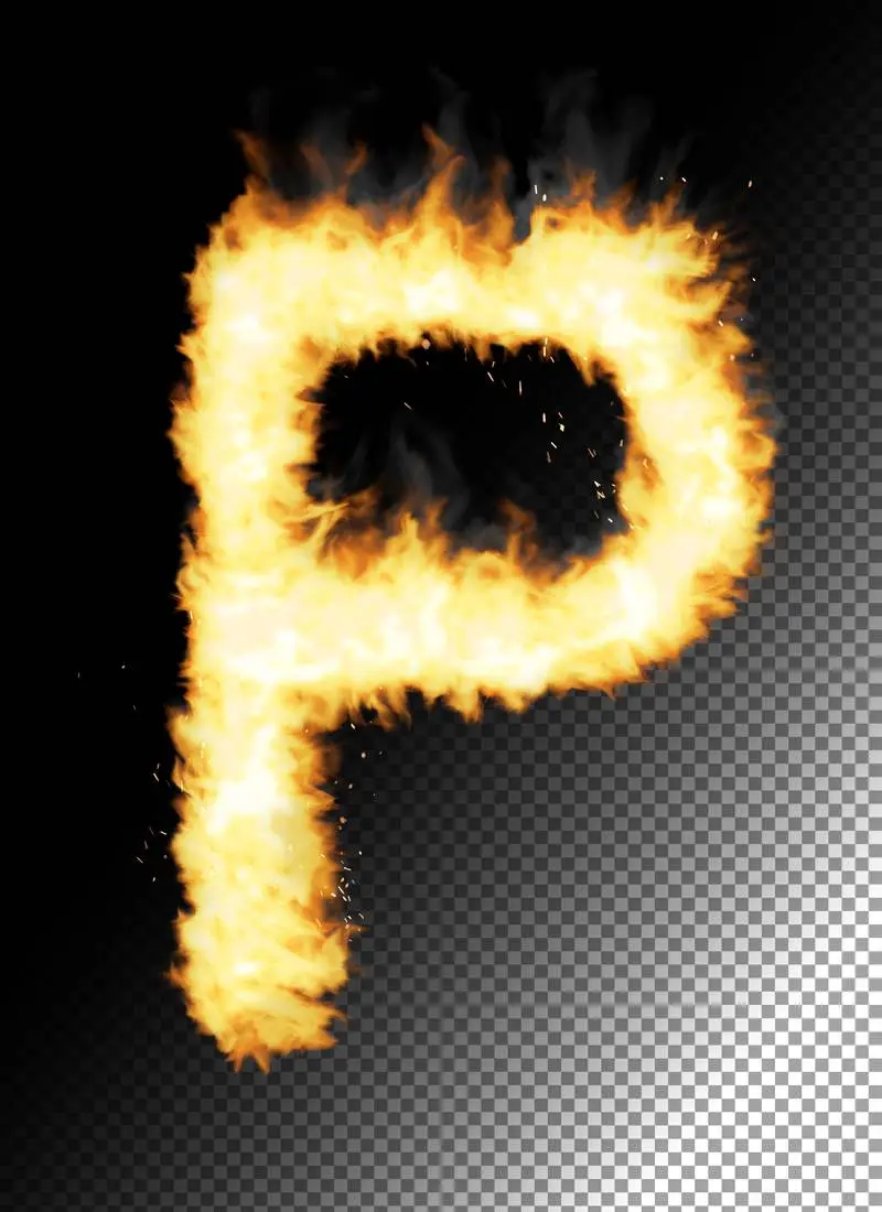 Realistic Letter P Made of Fire on Transparent Background