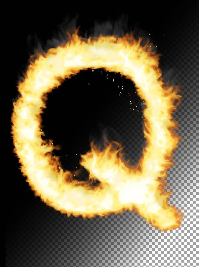 Realistic Letter Q Made of Fire on Transparent Background