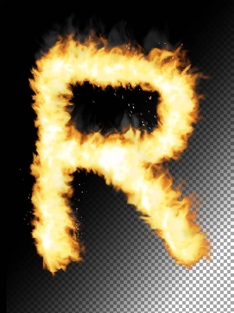 Realistic Letter R Made of Fire on Transparent Background