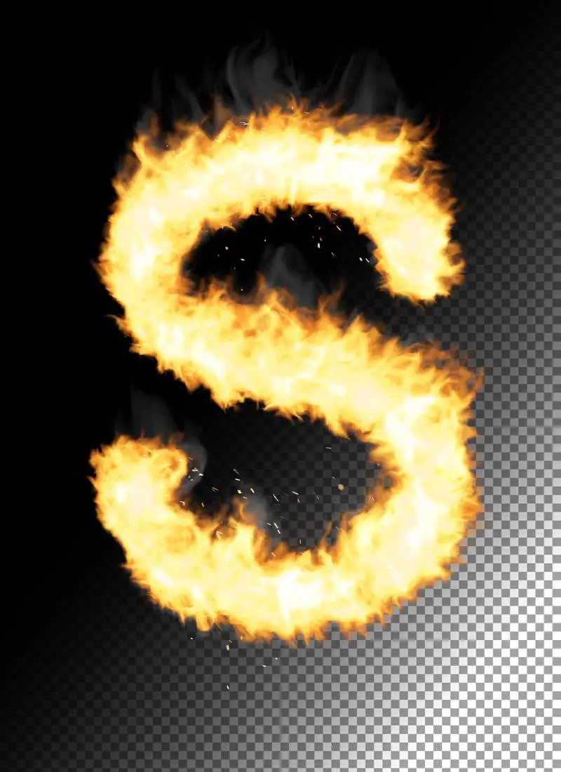 Realistic Letter S Made of Fire on Transparent Background