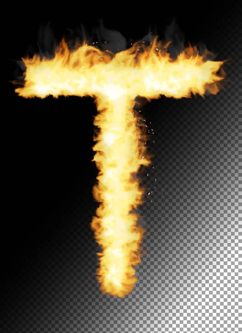Realistic Letter T Made of Fire on Transparent Background